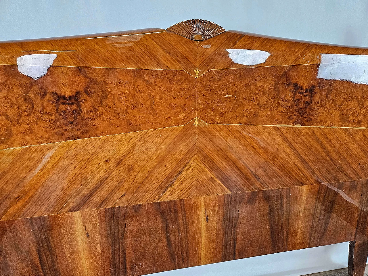 Inlaid wood double bed with brass details, 1960s 8