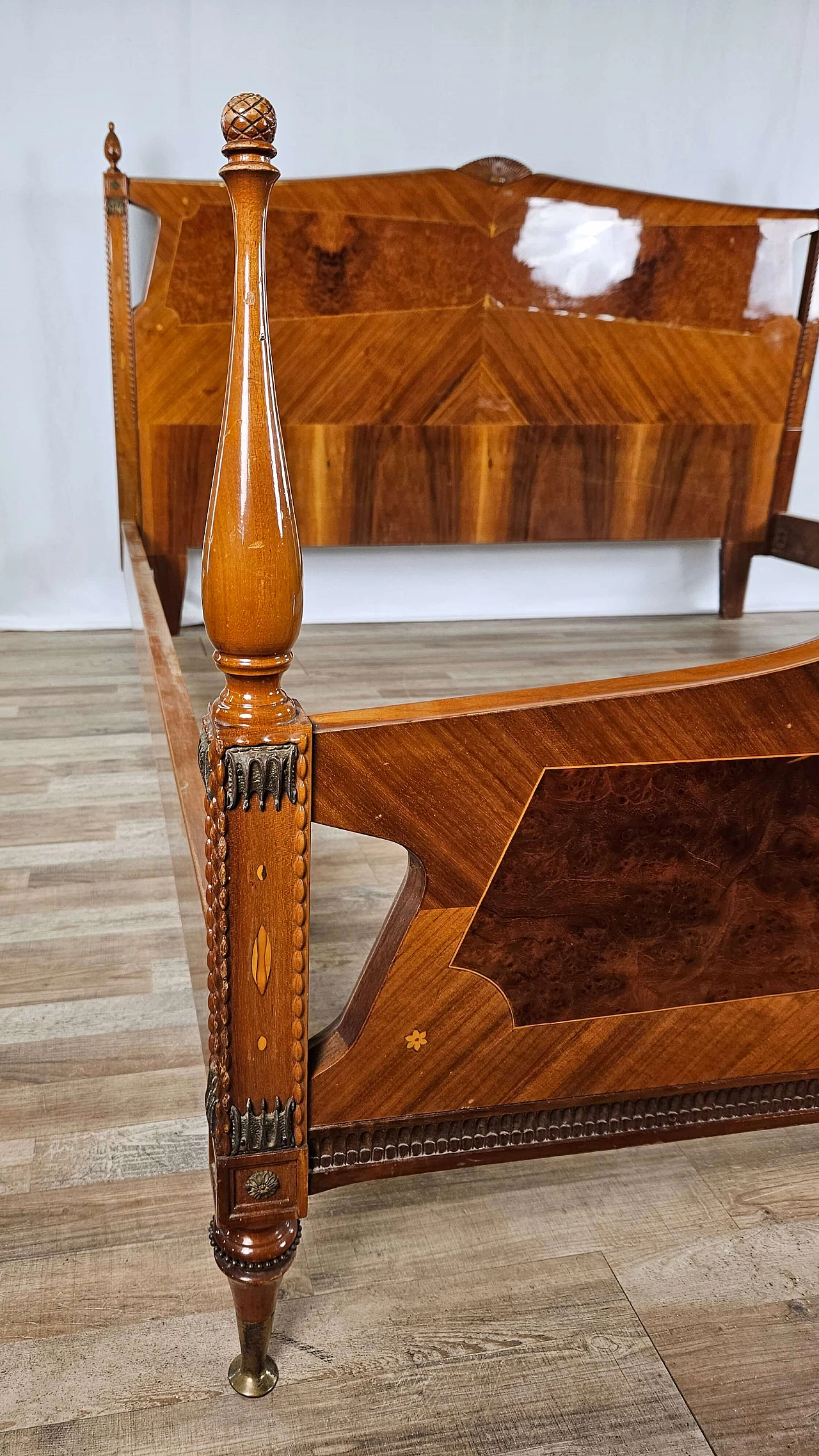 Inlaid wood double bed with brass details, 1960s 22