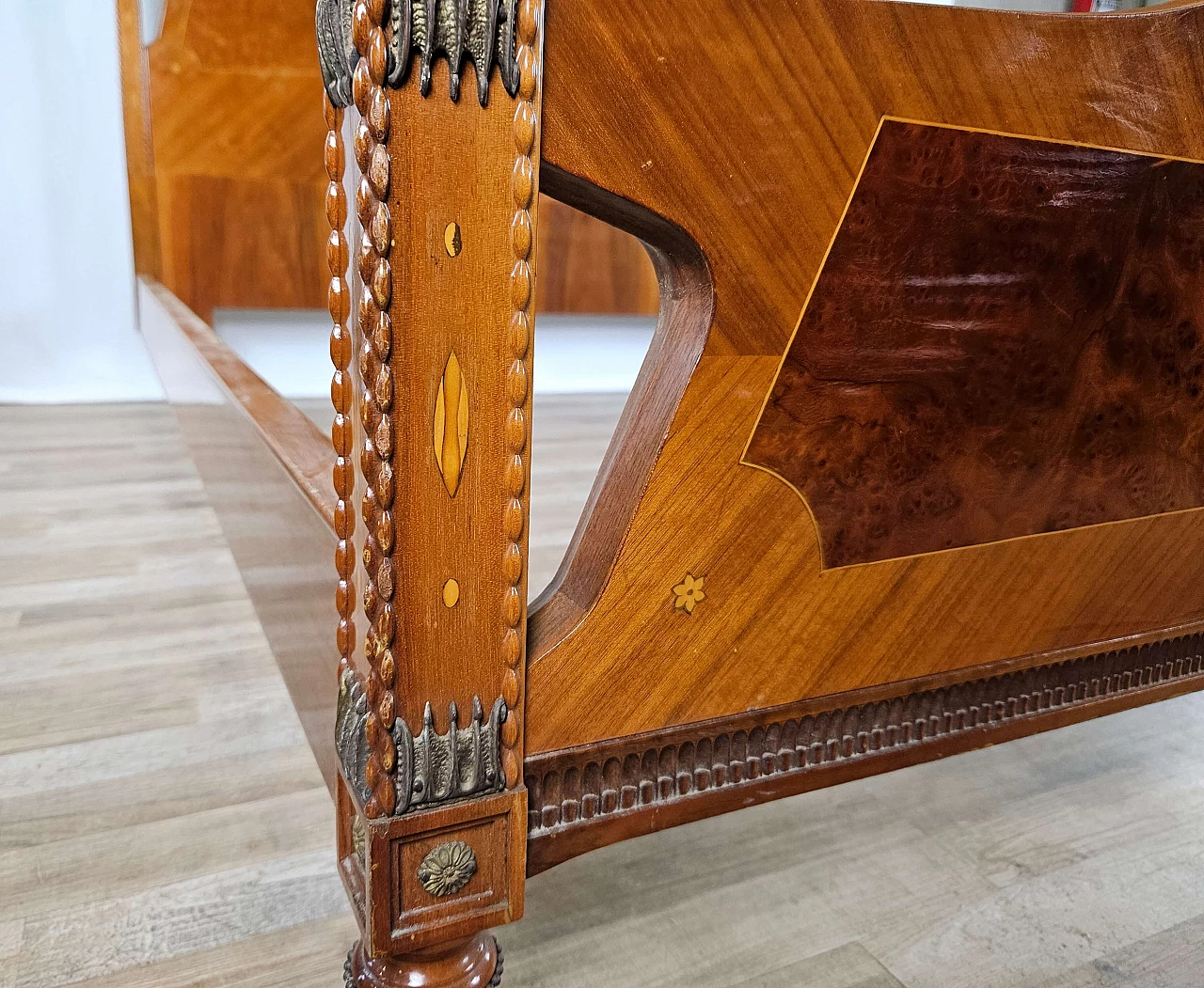 Inlaid wood double bed with brass details, 1960s 25