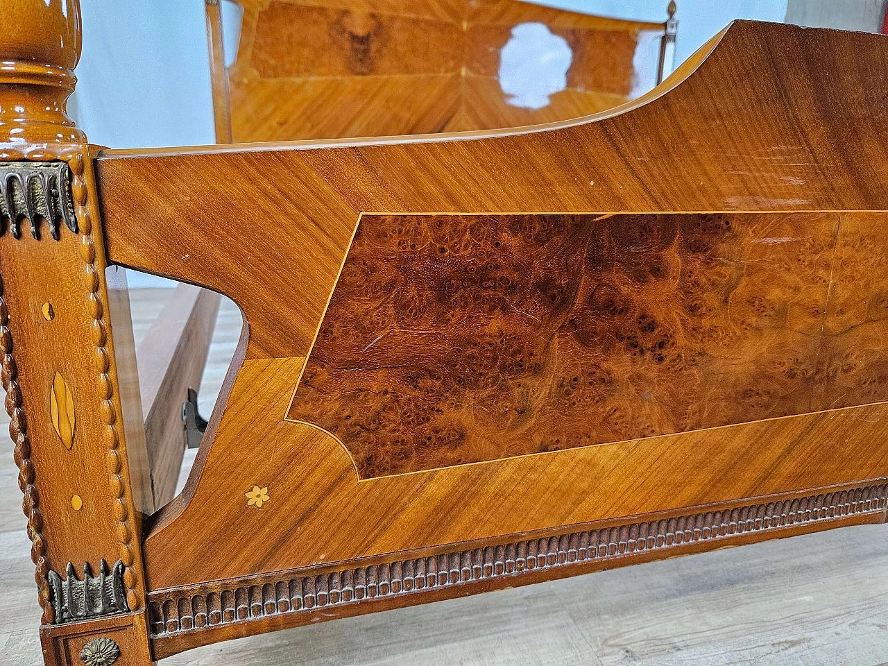 Inlaid wood double bed with brass details, 1960s 26