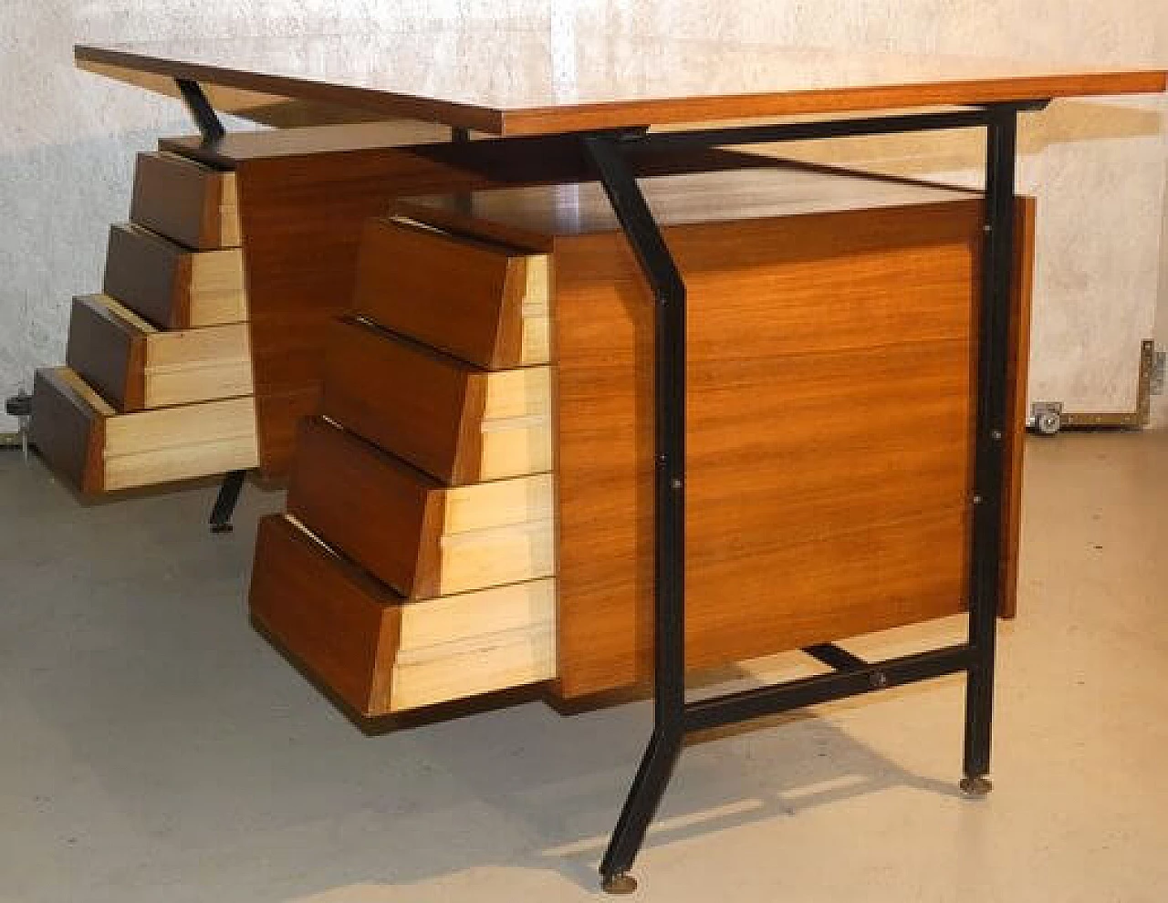 Teak veneered desk with steel frame in Danish style, 1960s 3