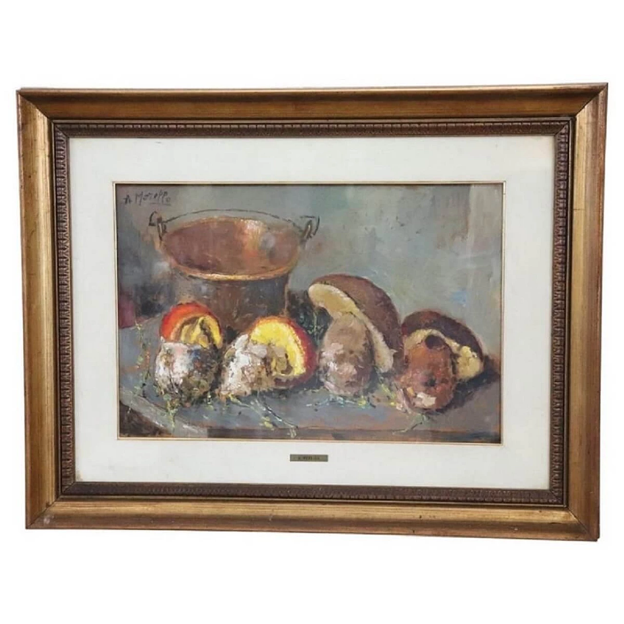 Amedeo Merello, Natura morta con funghi, olio su tavola, anni '60 1