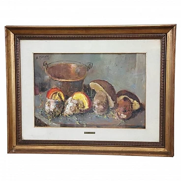 Amedeo Merello, Natura morta con funghi, olio su tavola, anni '60