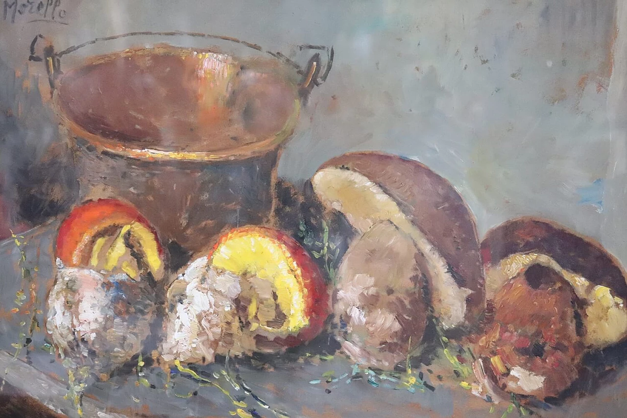 Amedeo Merello, Still life with mushrooms, oil on panel, 1960s 2