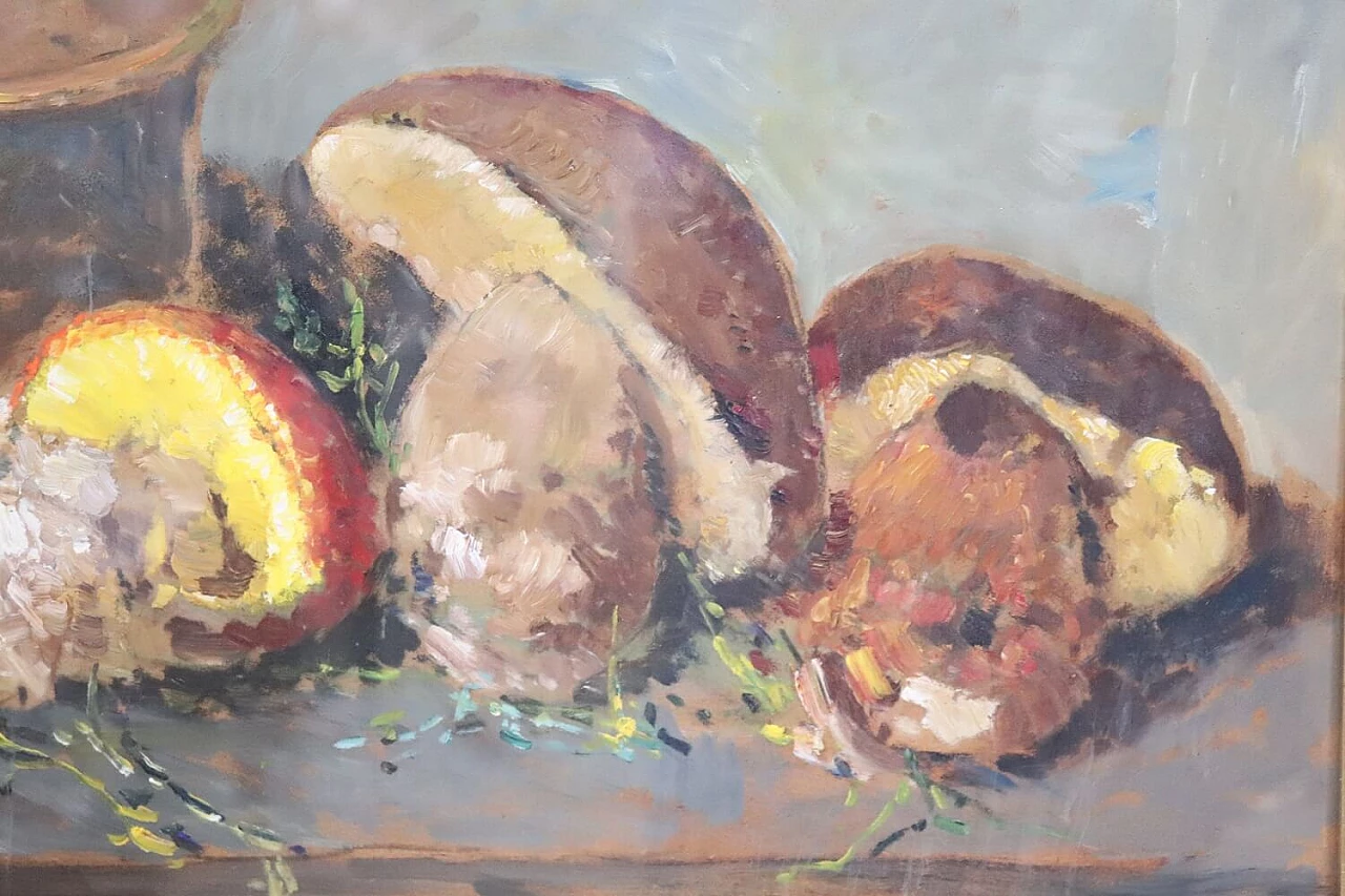 Amedeo Merello, Natura morta con funghi, olio su tavola, anni '60 6