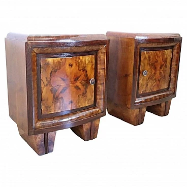 Pair of Art Deco walnut-root bedside tables, 1920s