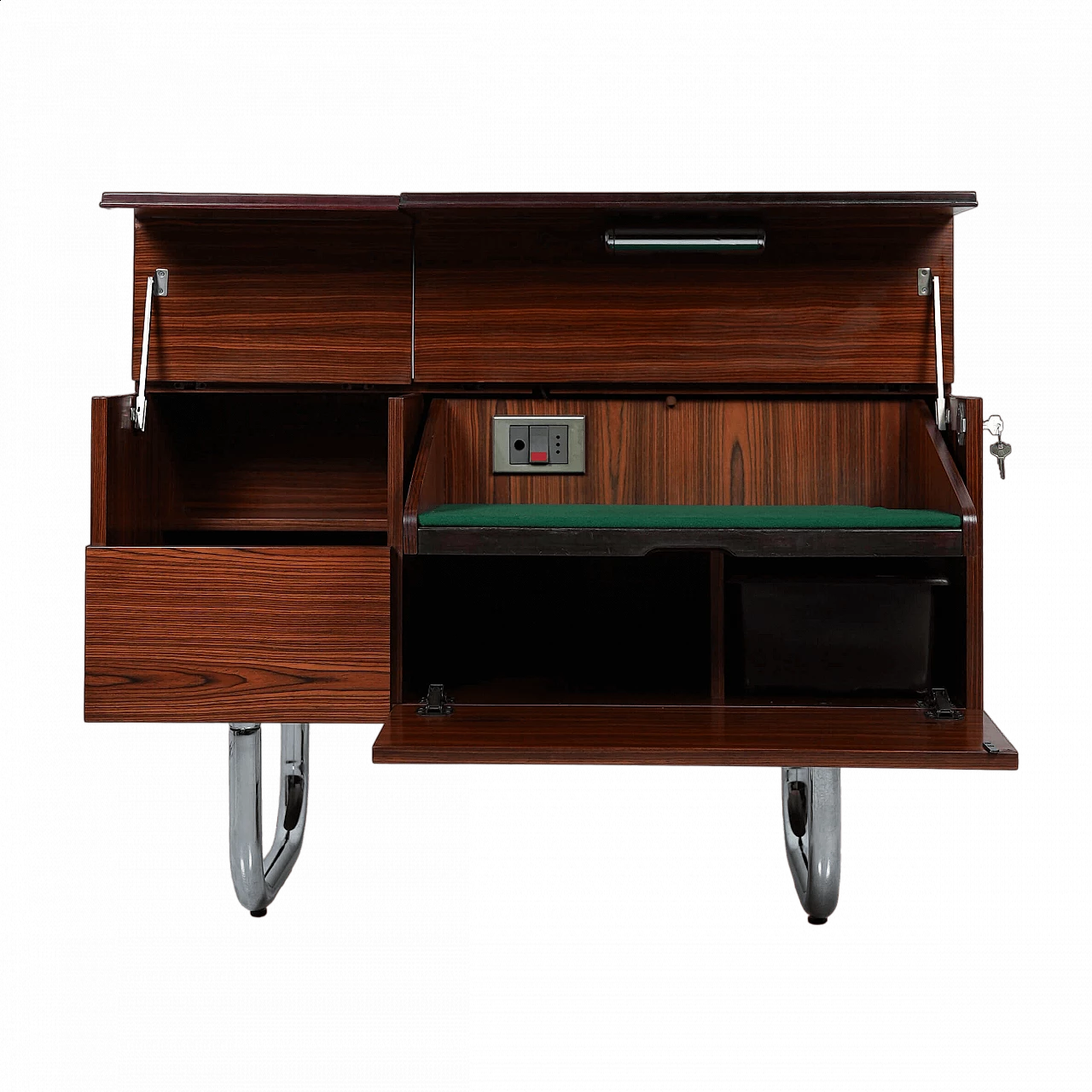 Mobile bar in legno e acciaio con giradischi, anni '70 13