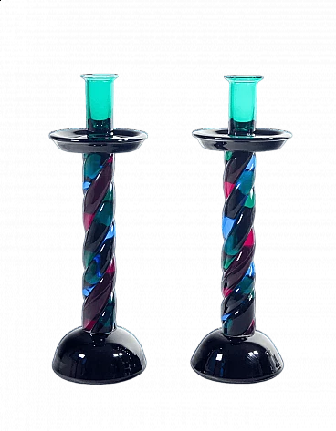 Pair of polychrome blown glass candlesticks from Murano, 1950s