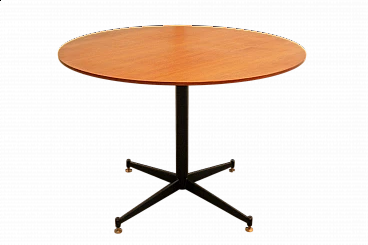 Tavolo rotondo in acciaio nero e legno impiallacciato teak, anni '60