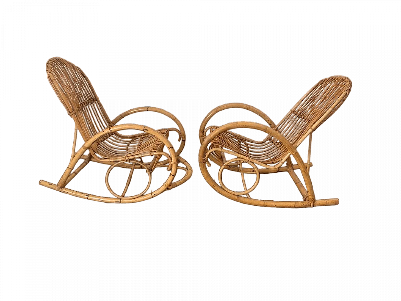 Coppia di sedie a dondolo in bambù, anni '60 11