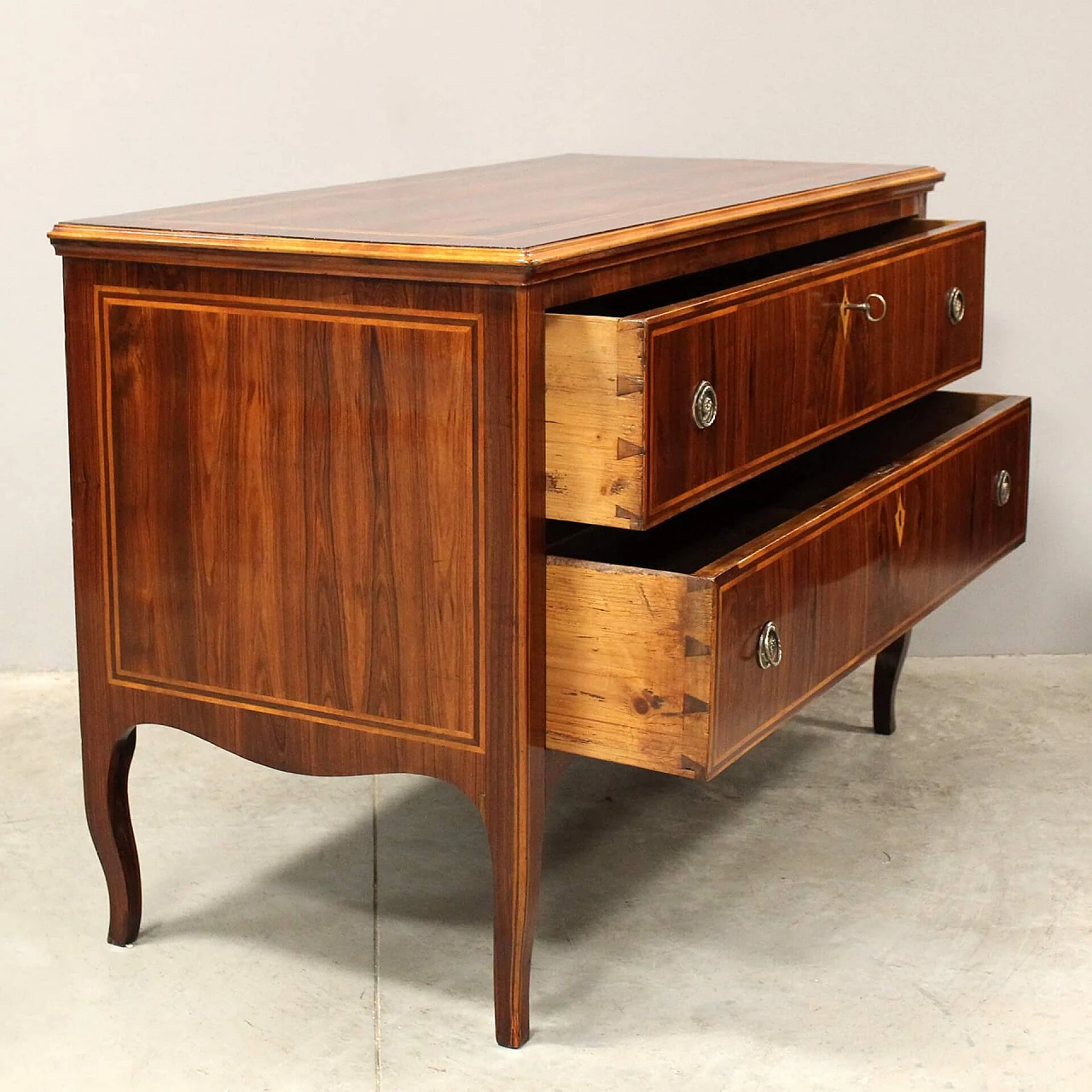 Antico cassettone comò Luigi XV in palissandro intarsiato, '700 4