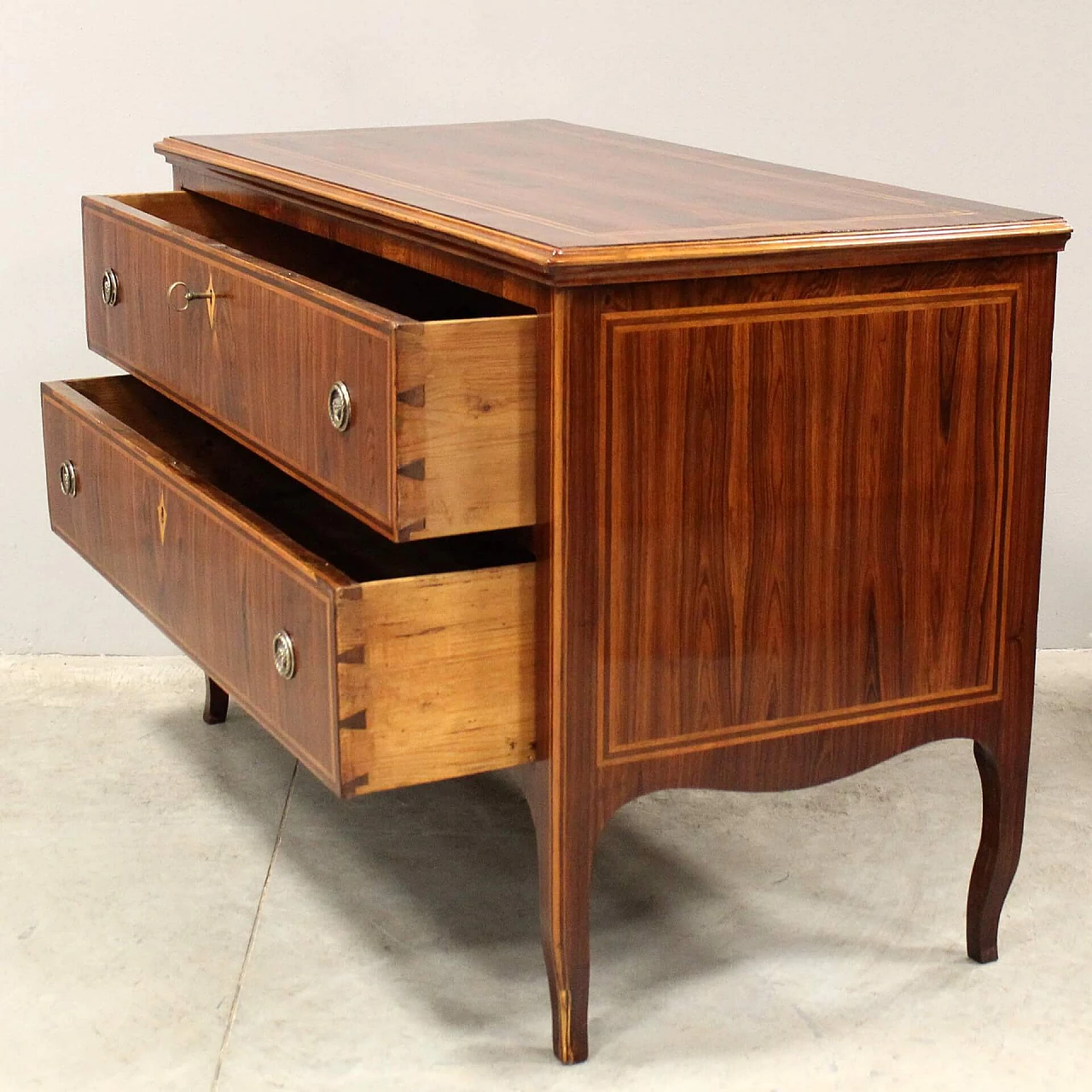 Antico cassettone comò Luigi XV in palissandro intarsiato, '700 10