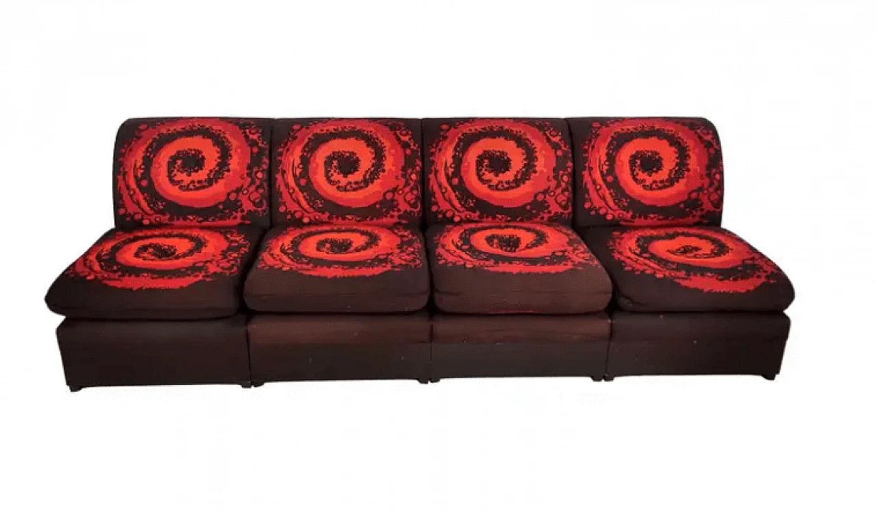 4 Lounge armchairs in wood and cotton, 1970s 1