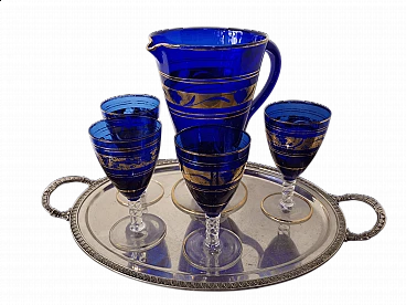 4 Bicchieri e caraffa in vetro di Murano blu cobalto e oro, metà '800