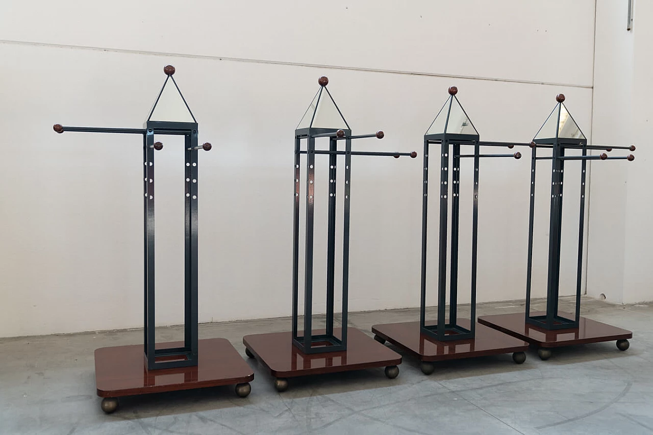 4 Floor coat racks in cherry wood, brass and iron, 1970s 1