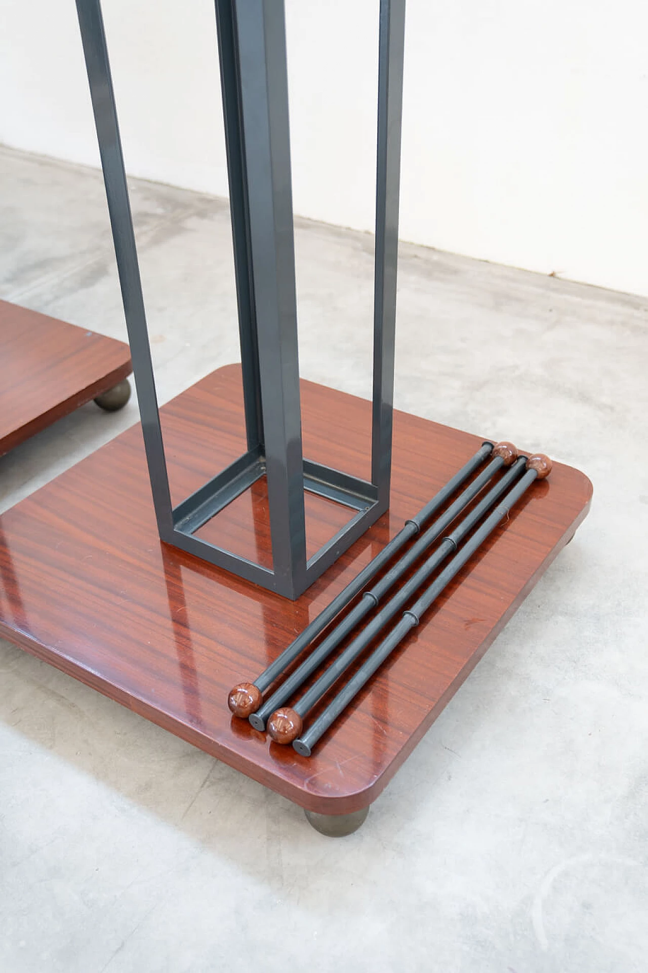 4 Floor coat racks in cherry wood, brass and iron, 1970s 26