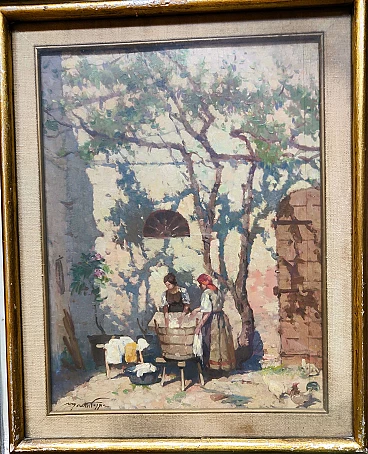 The laundry by Mario Moretti Foggia, painting on wood, 1920s