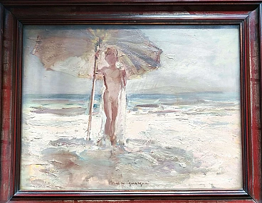 Bather by Adriano Bogoni, painting on wood, 1960s
