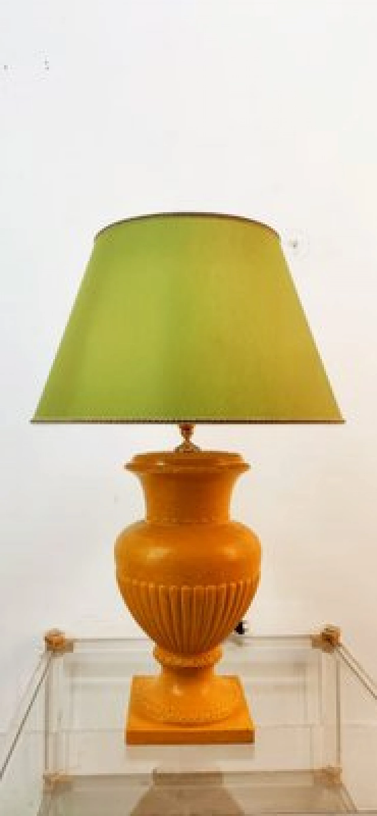 Gilded ceramic table lamp with green shade, 1970s 6