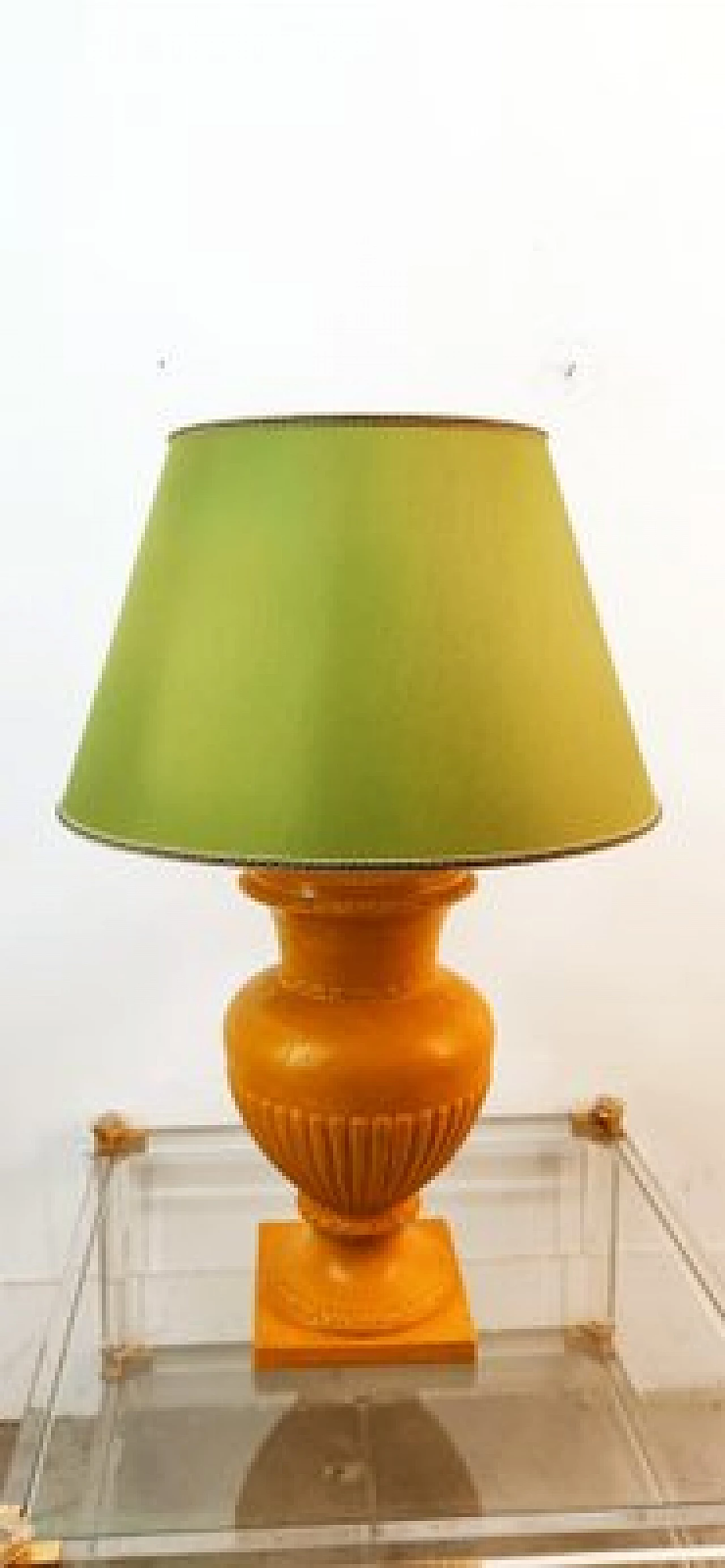 Lampada da tavolo in ceramica dorata con paralume verde, anni '70 11