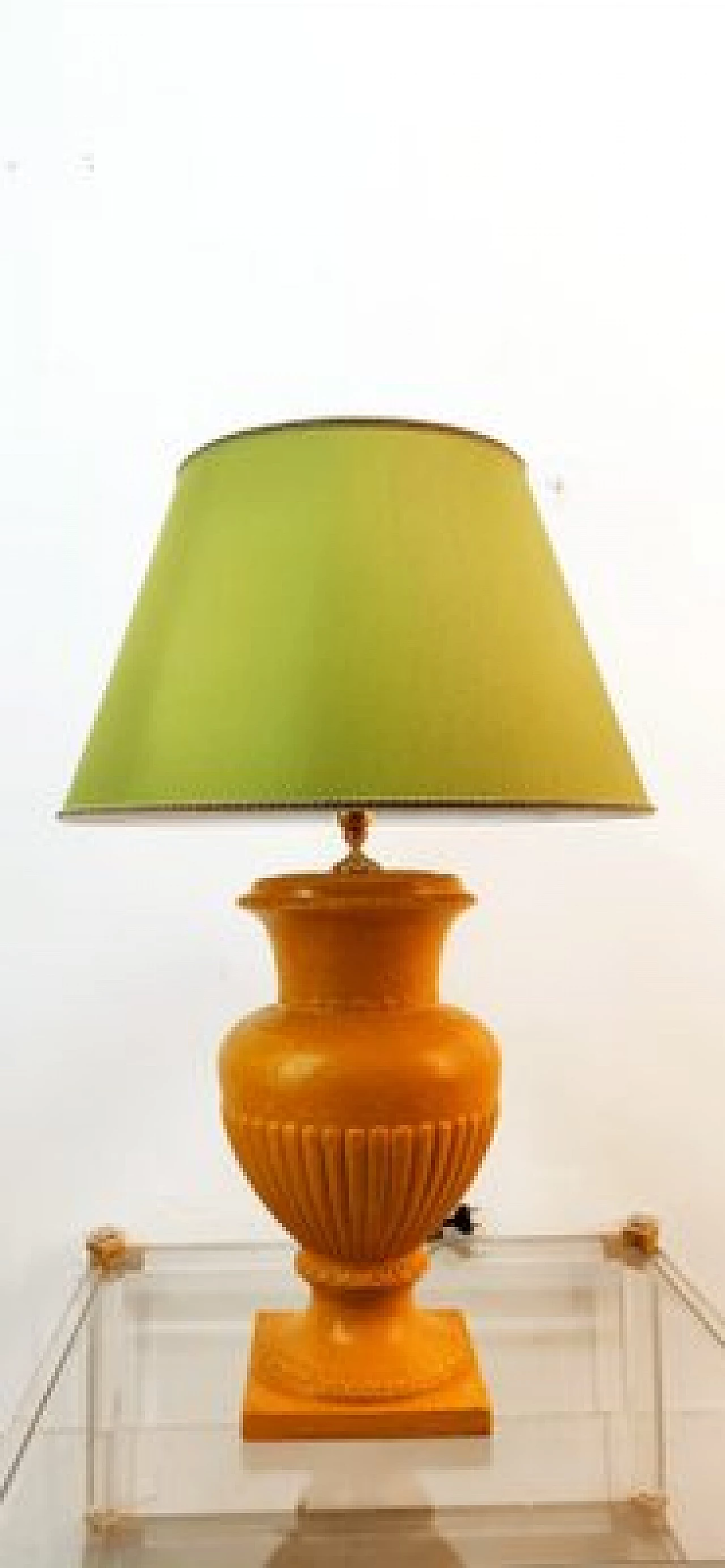 Lampada da tavolo in ceramica dorata con paralume verde, anni '70 12
