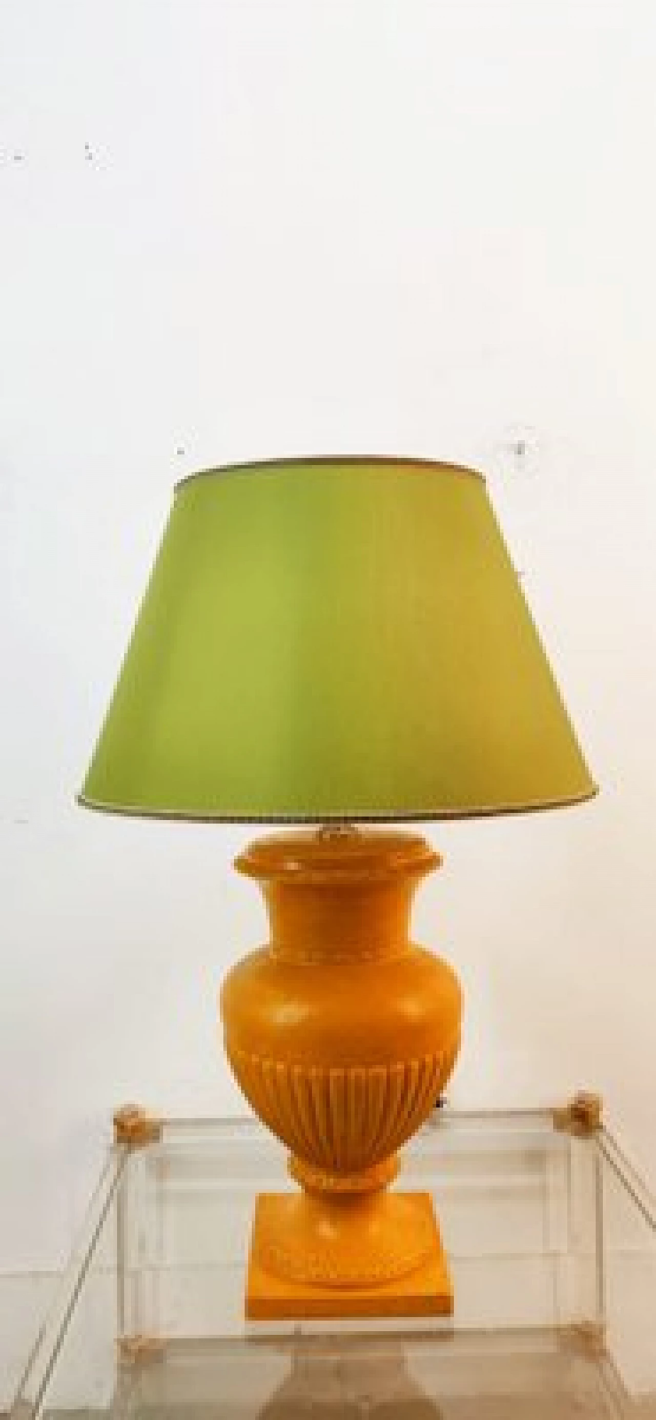 Gilded ceramic table lamp with green shade, 1970s 16