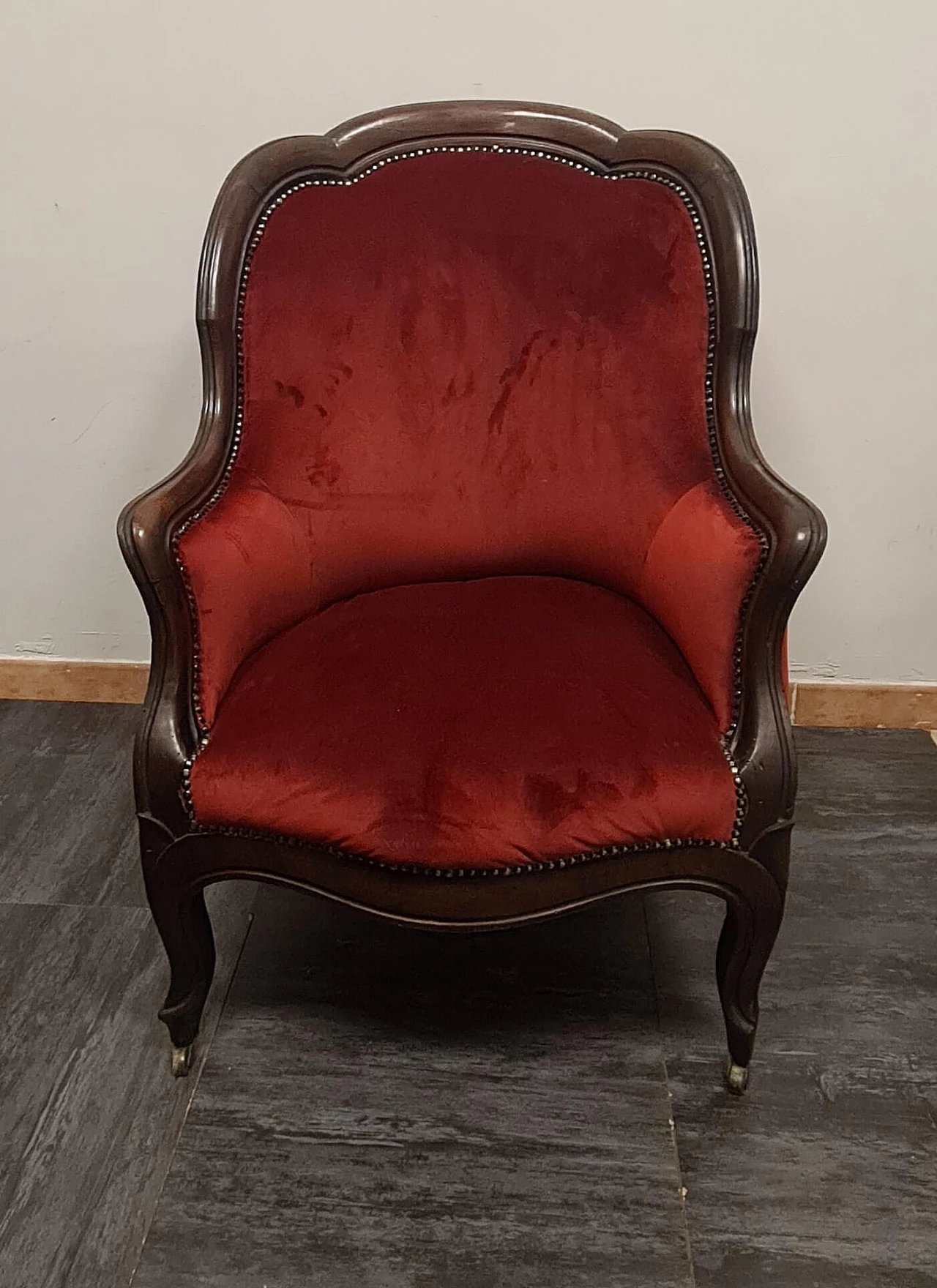 English wood and red fabric armchair with casters, late 18th century 1