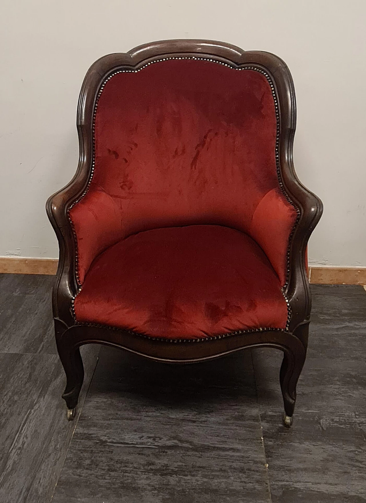 Poltrona inglese con rotelle in legno e tessuto rosso, fine '700 1