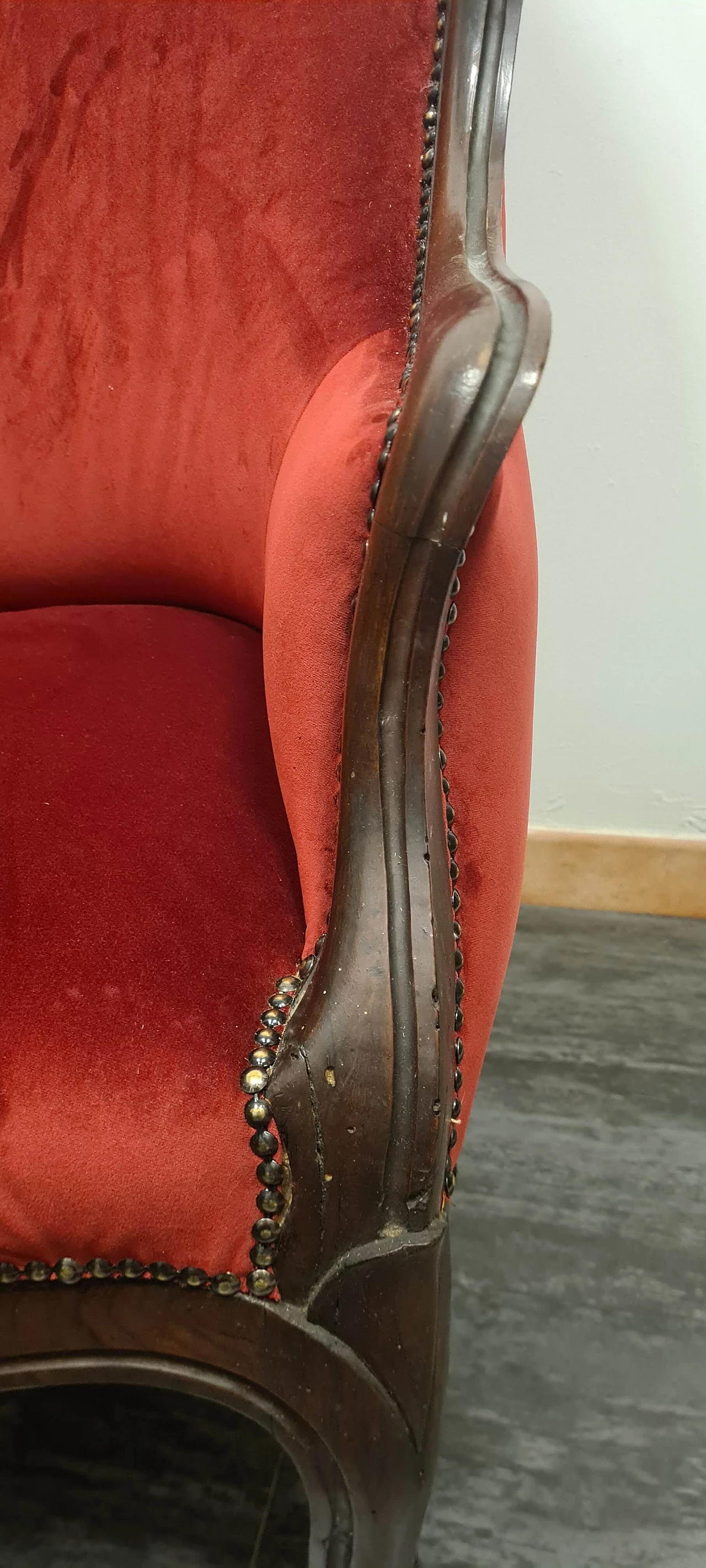 English wood and red fabric armchair with casters, late 18th century 3