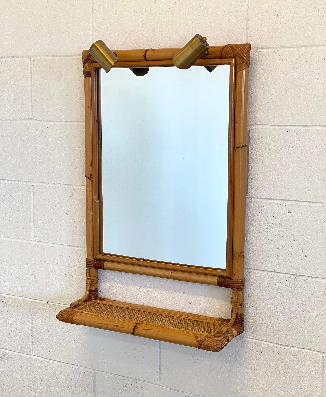 Specchio in bambù con mensola e applique in ottone, anni '70 2