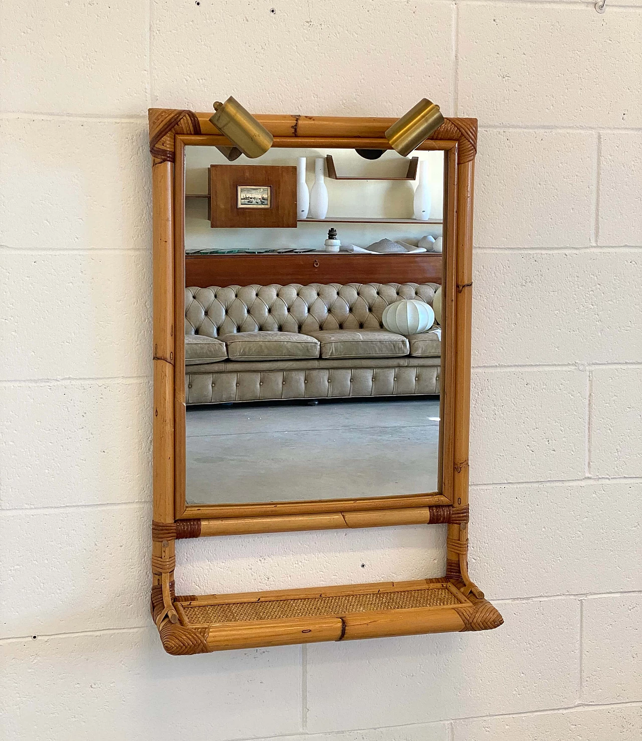 Bamboo mirror with shelf and brass wall lights, 1970s 3