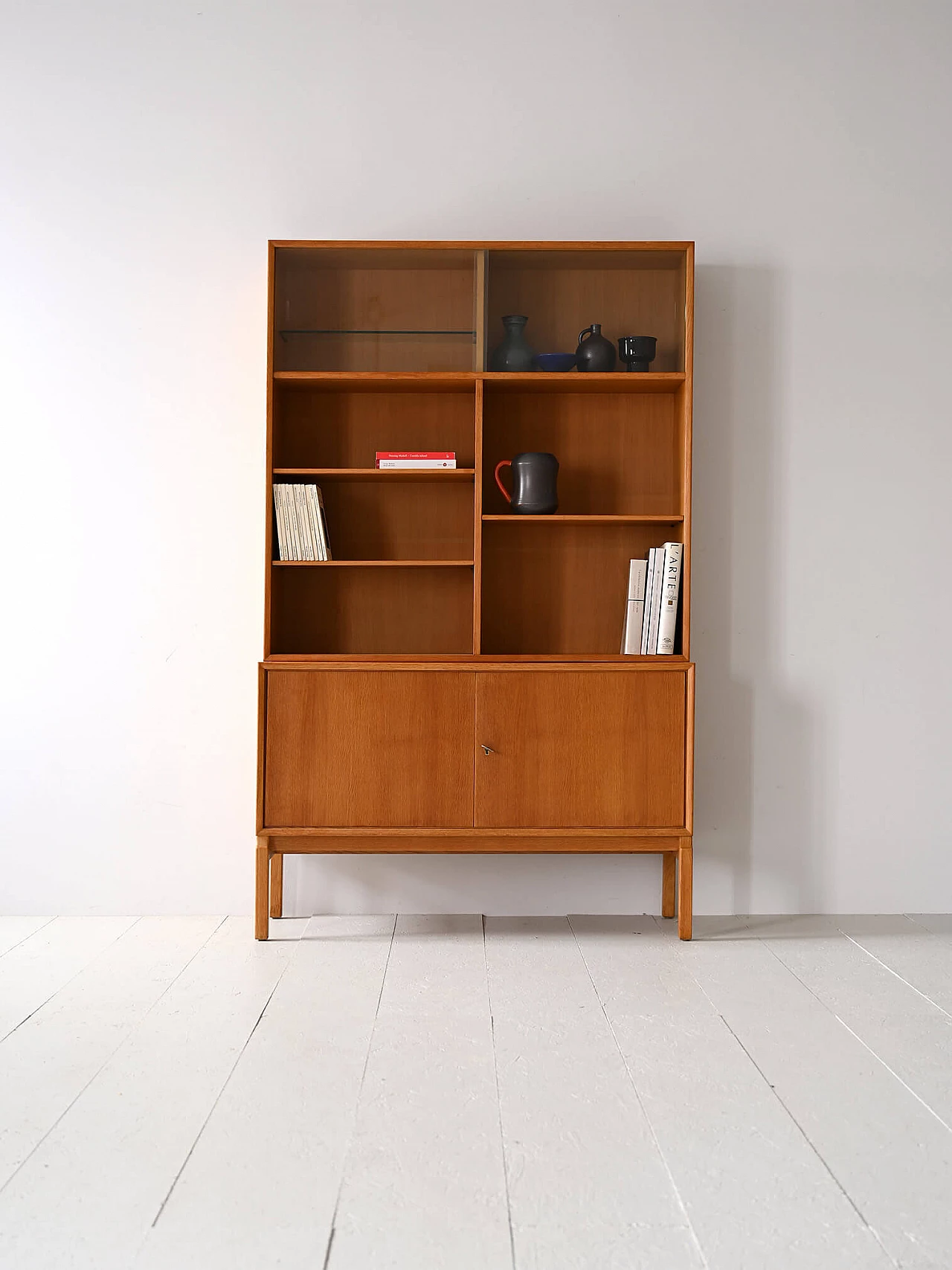 Scandinavian oak bookcase with display case, 1960s 1