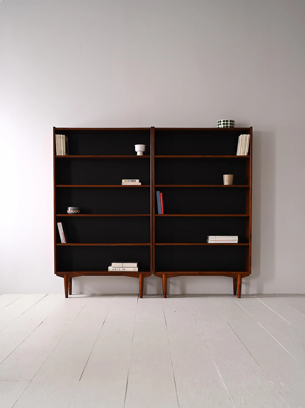 Pair of Scandinavian teak bookcases with black bottom, 1960s 1