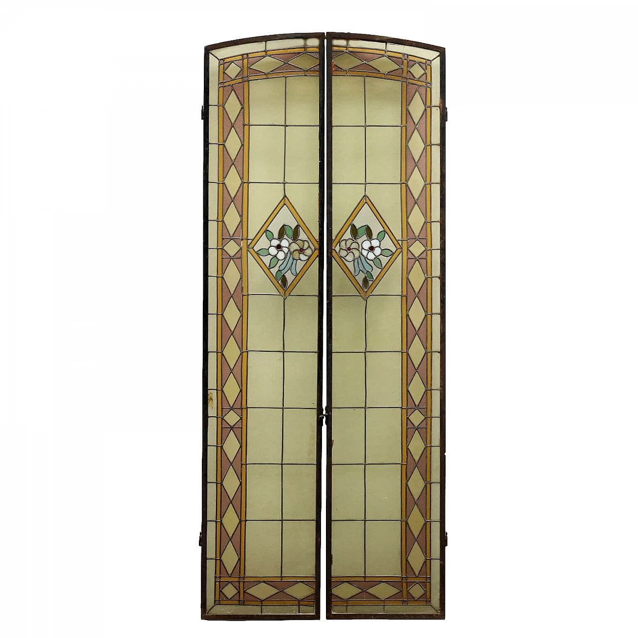 Pair of Art Nouveau glass windows in colored leaded glass, early 20th century 1