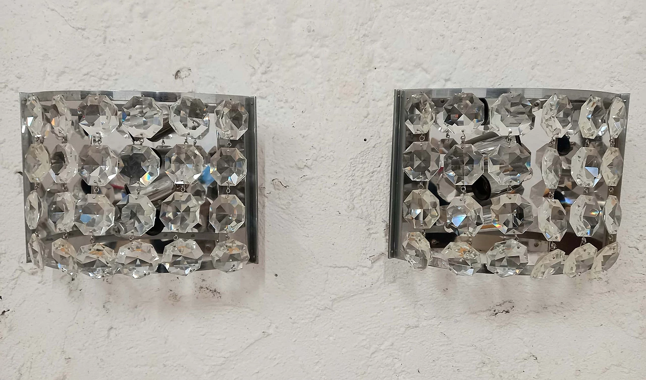 Pair of chromed metal and glass wall lights by Stilnovo, 1970s 2