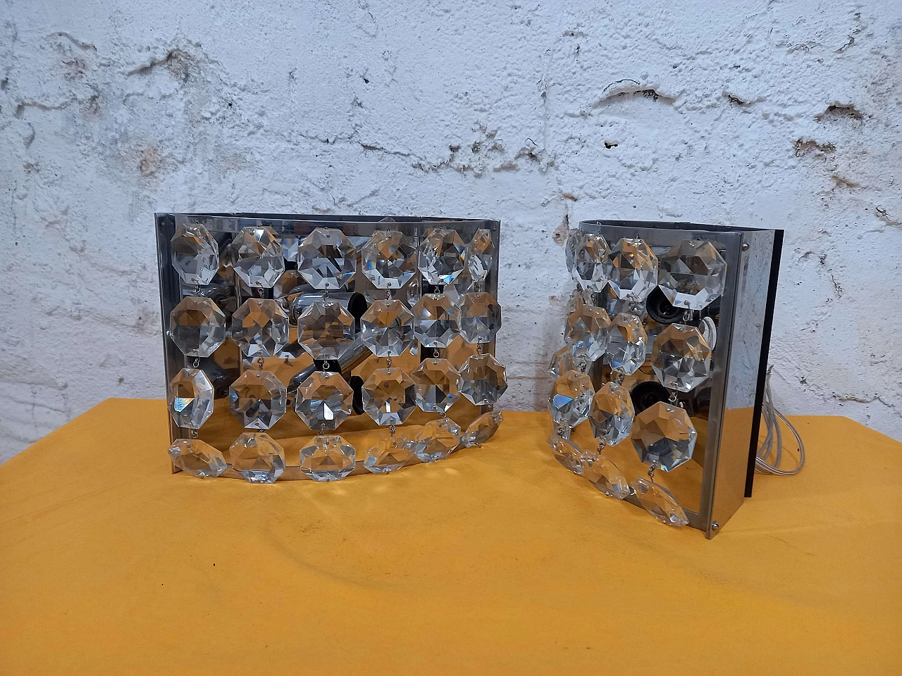 Pair of chromed metal and glass wall lights by Stilnovo, 1970s 8