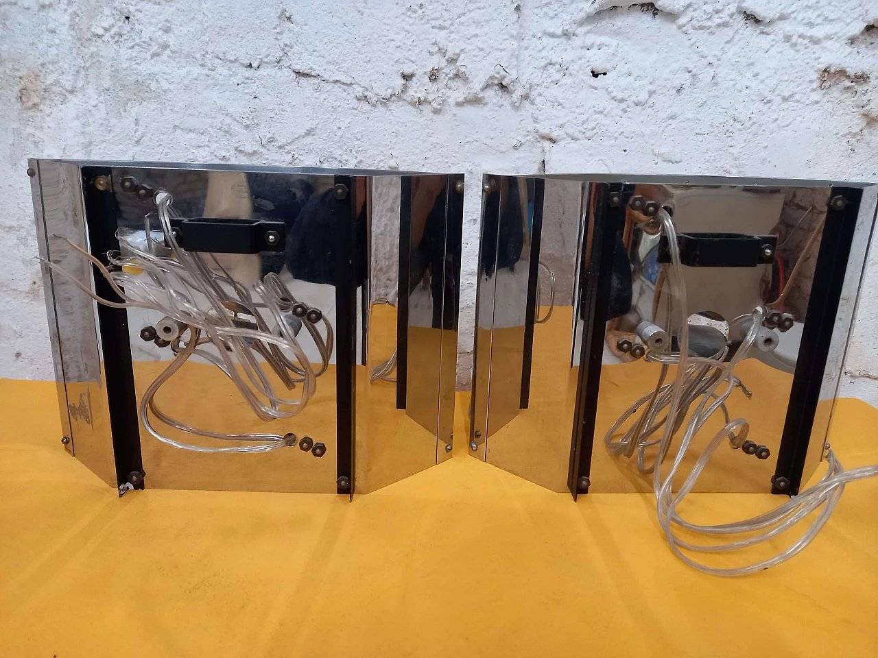 Pair of chromed metal and glass wall lights by Stilnovo, 1970s 9