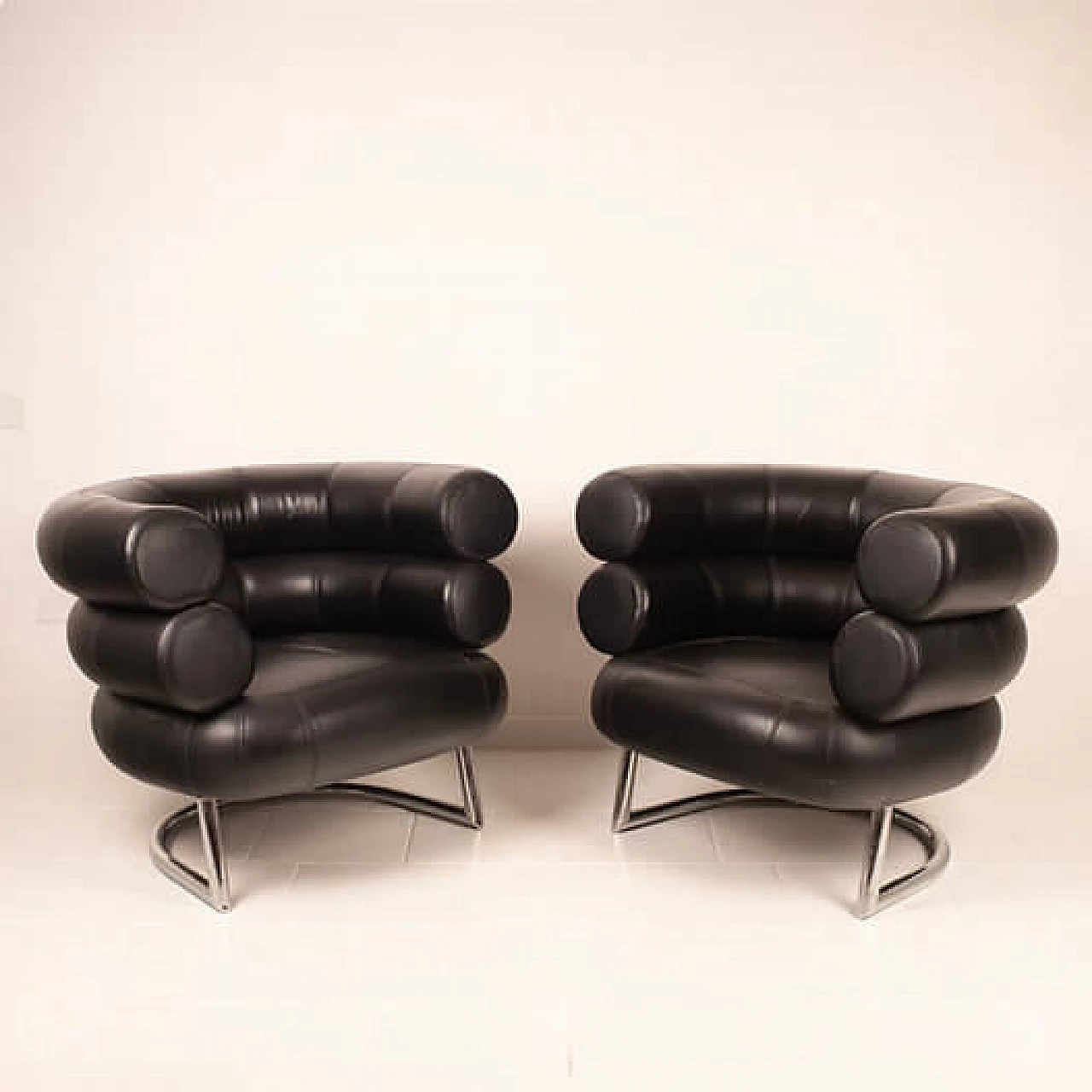 Pair of black leather Bibendum armchairs by Eileen Gray, 1980s 5