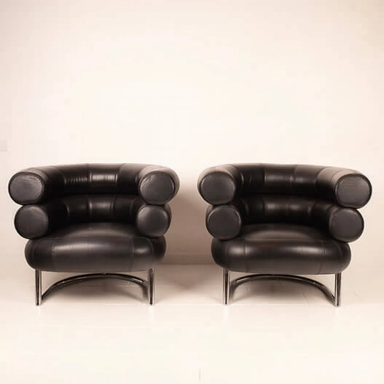 Pair of black leather Bibendum armchairs by Eileen Gray, 1980s 7