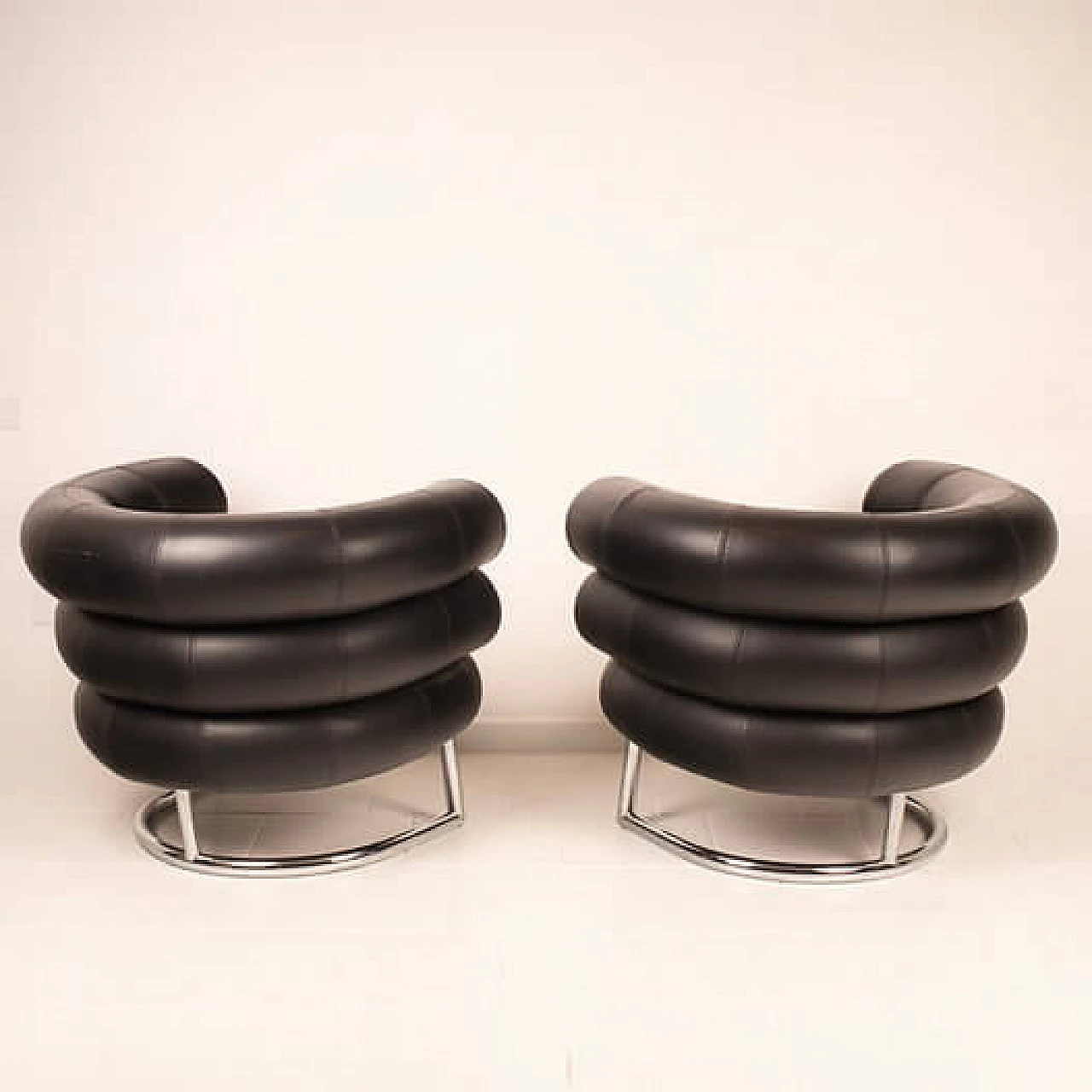 Pair of black leather Bibendum armchairs by Eileen Gray, 1980s 14
