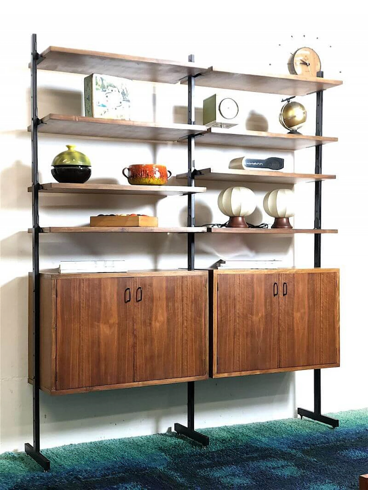 Two-bay solid wood teak veneer bookcase, 1960s 1
