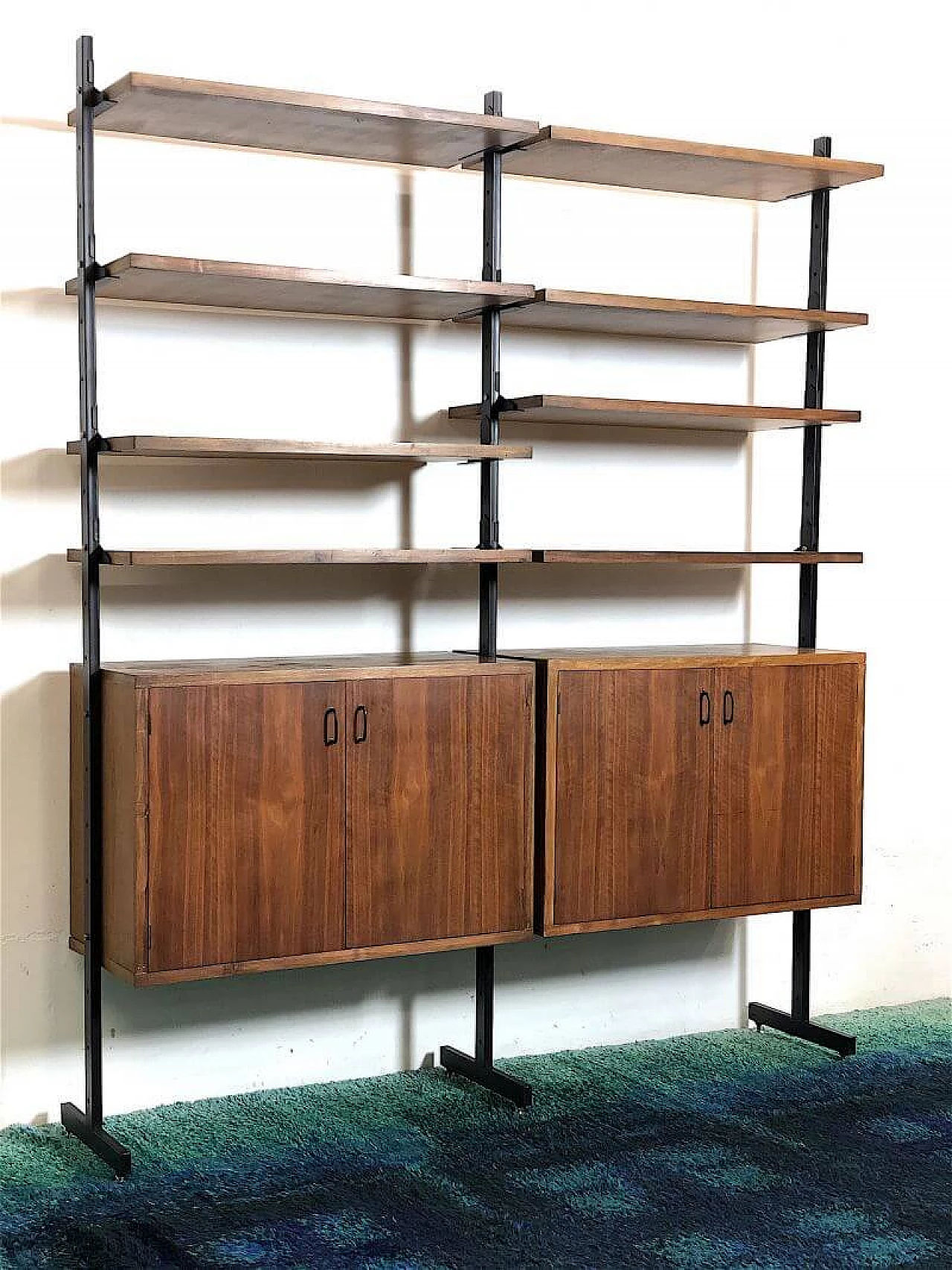 Two-bay solid wood teak veneer bookcase, 1960s 5