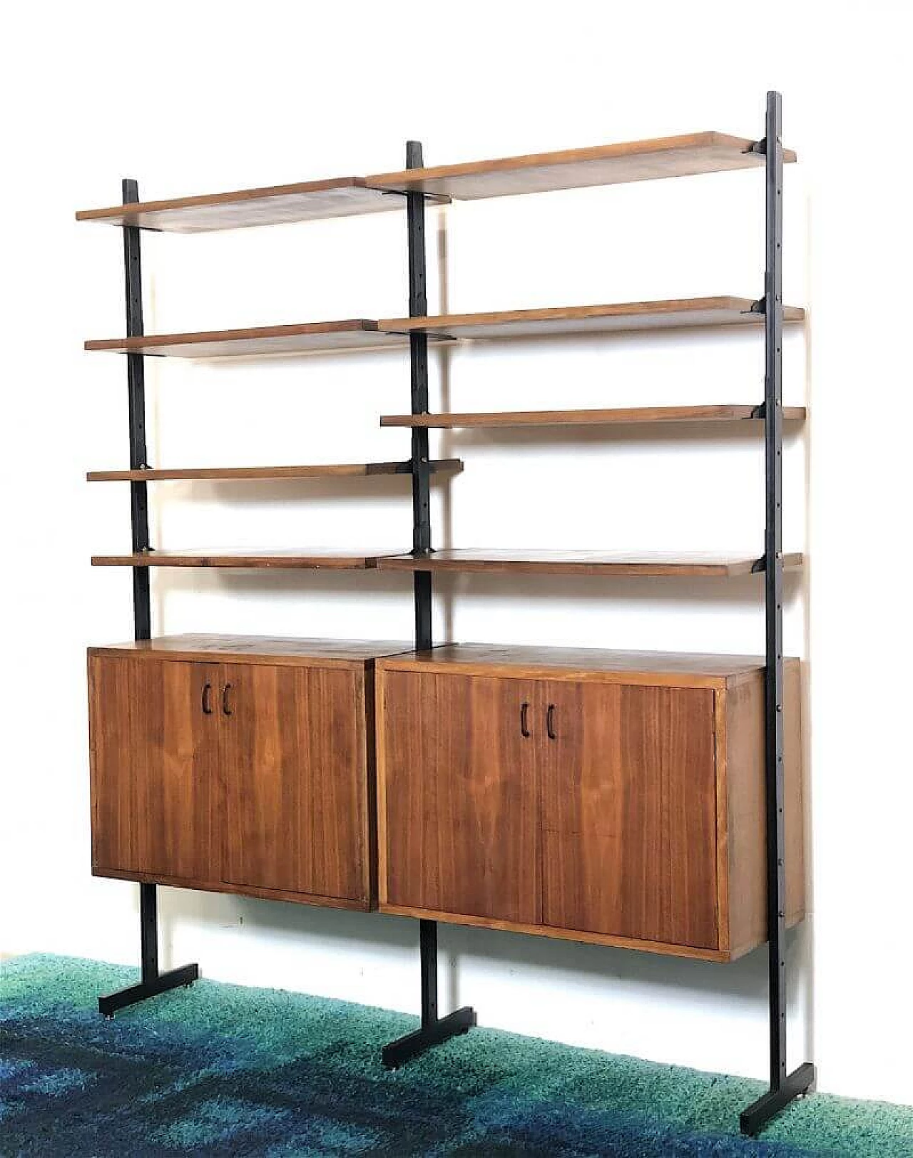 Two-bay solid wood teak veneer bookcase, 1960s 7