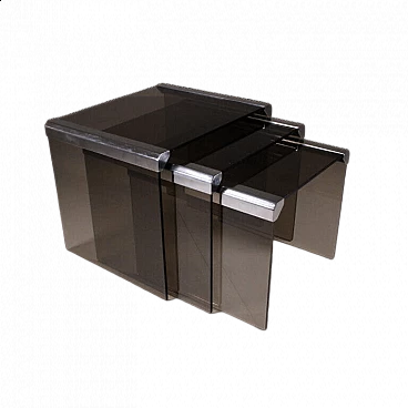 3 Nesting tables in smoked glass and metal by Gallotti&Radice, 1970s