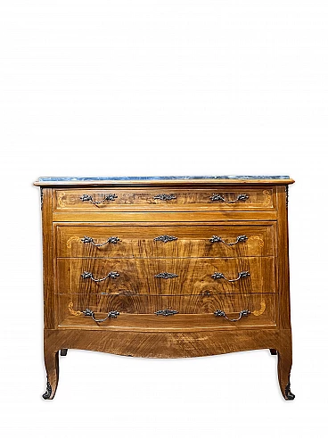 Solid wood chest of drawers with marble top in Louis XV style, 1950s