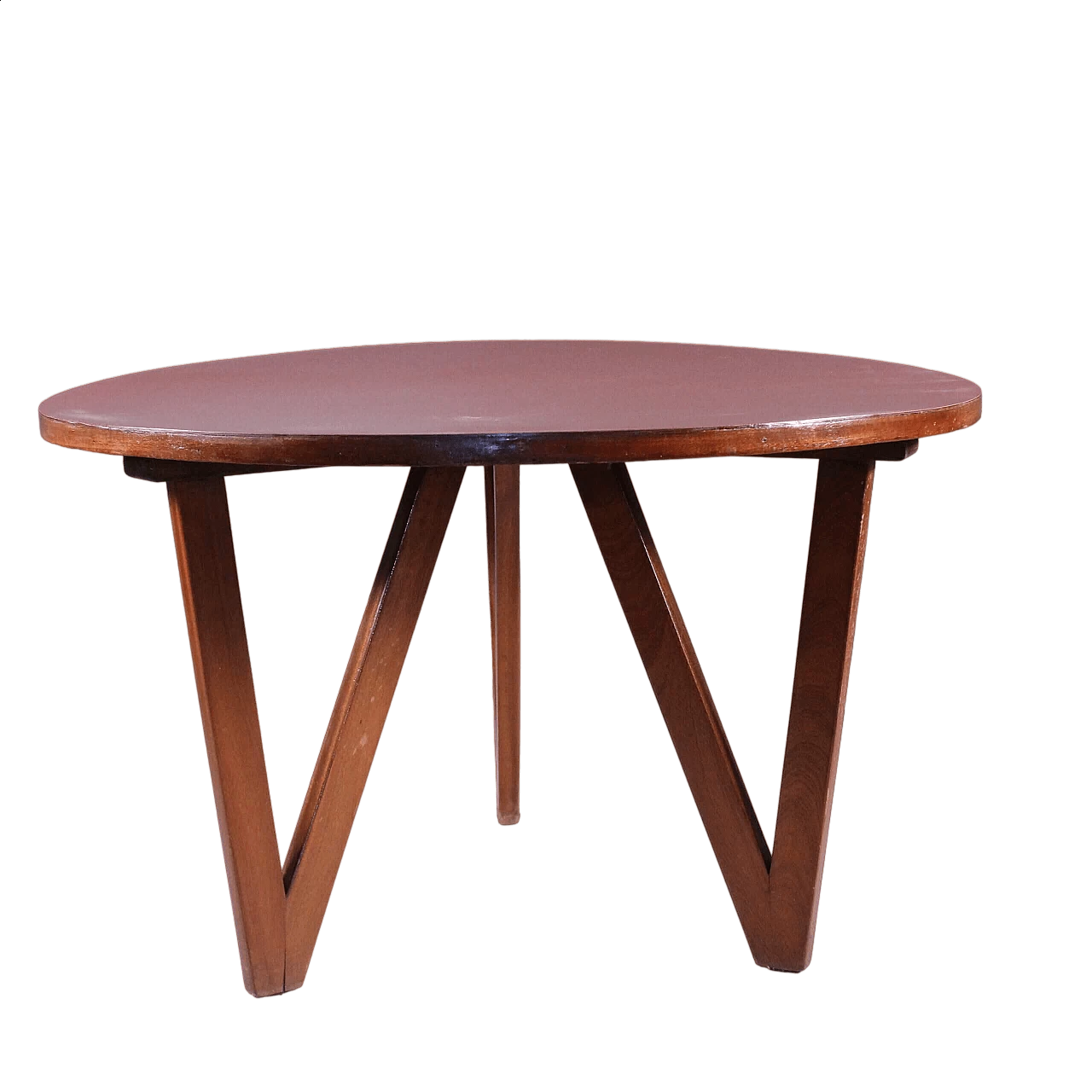 Tavolino rotondo in legno con piano rosso, anni '70 6