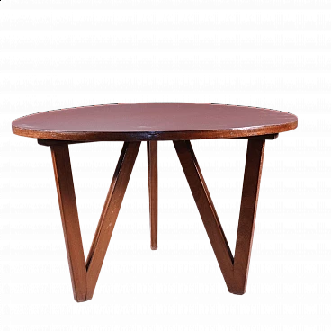 Tavolino rotondo in legno con piano rosso, anni '70
