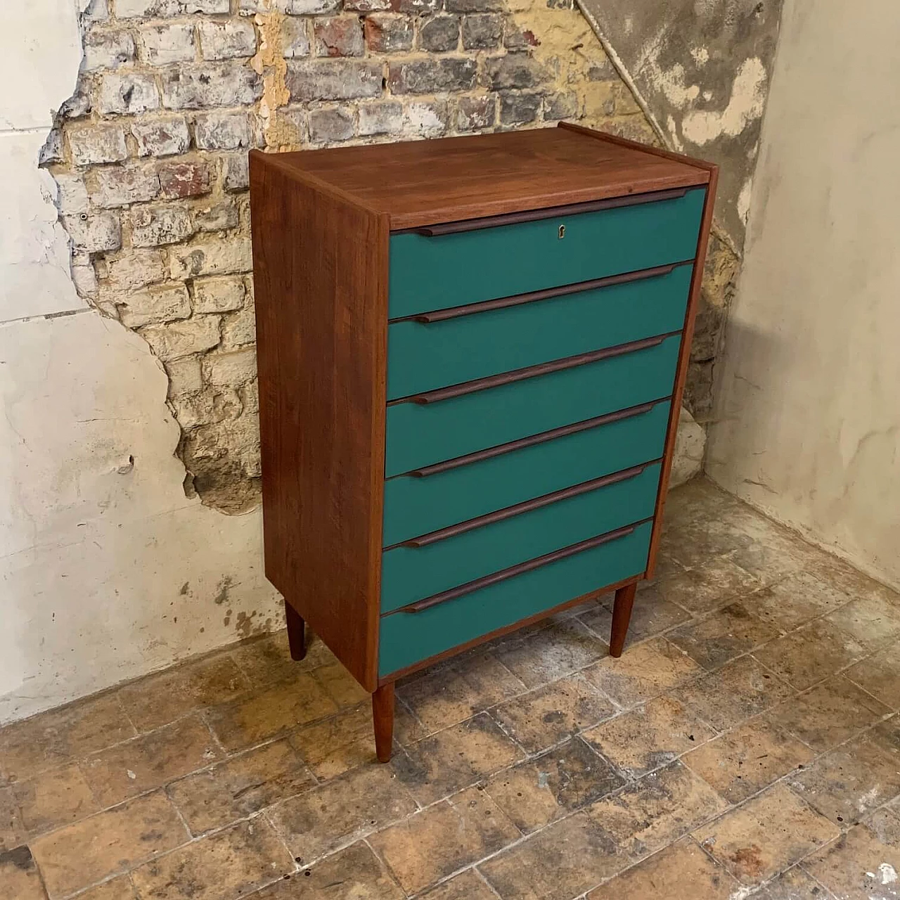Danish Talboy chest of drawers in teak and green wood, 1960s 1