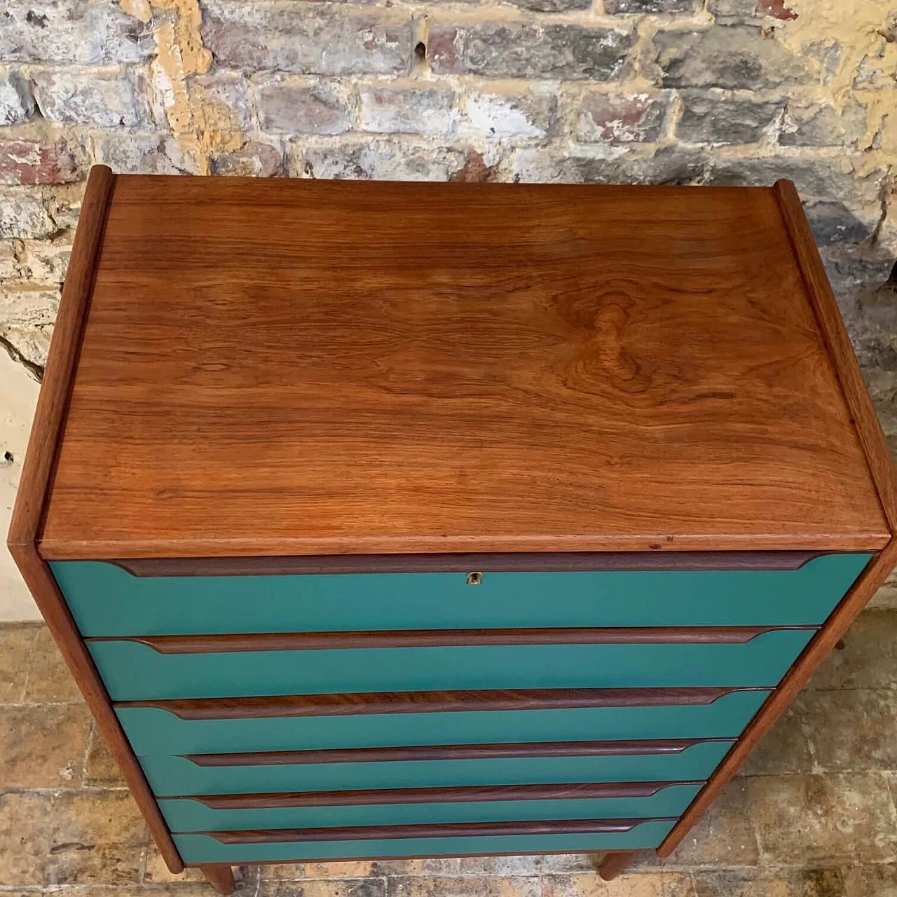 Danish Talboy chest of drawers in teak and green wood, 1960s 2