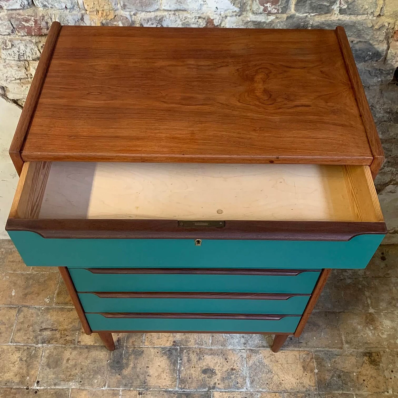 Danish Talboy chest of drawers in teak and green wood, 1960s 4